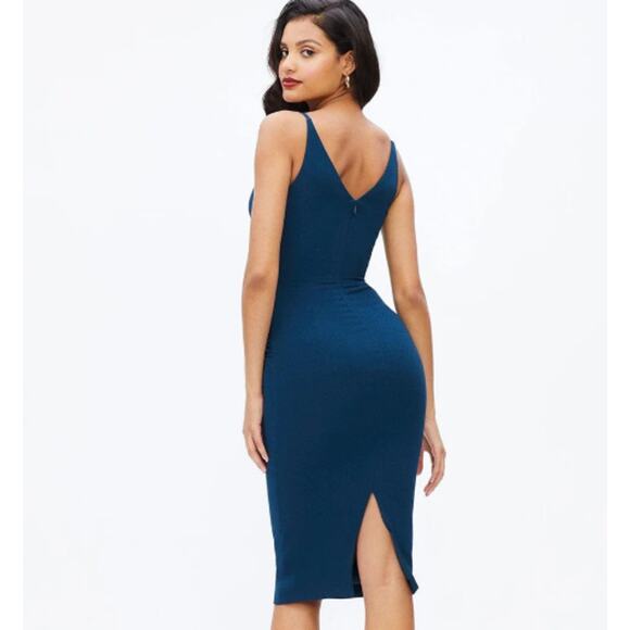 Dress The Population Anita Midi Dress V-Neck Ruched Crepe Sheath, Peacock Blue - Picture 3 of 16